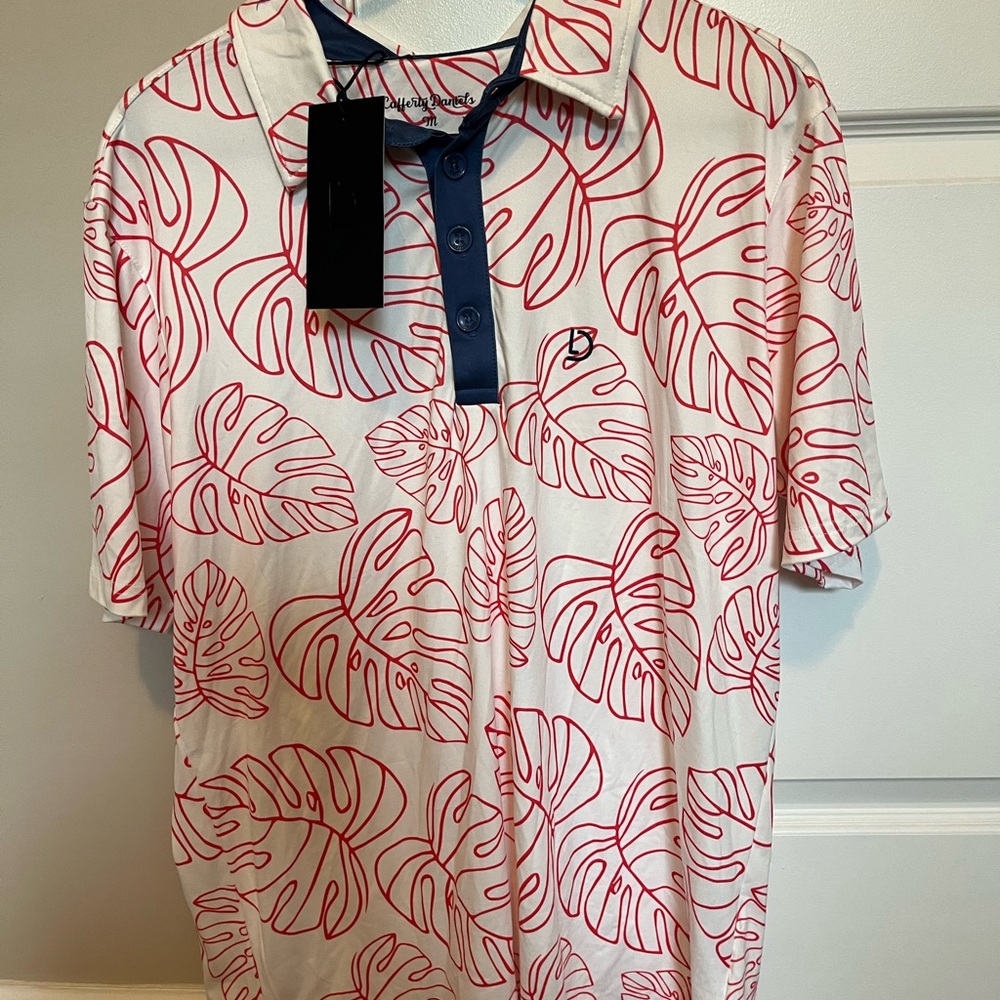 Leaf Print Polo Shirt with Red Accents